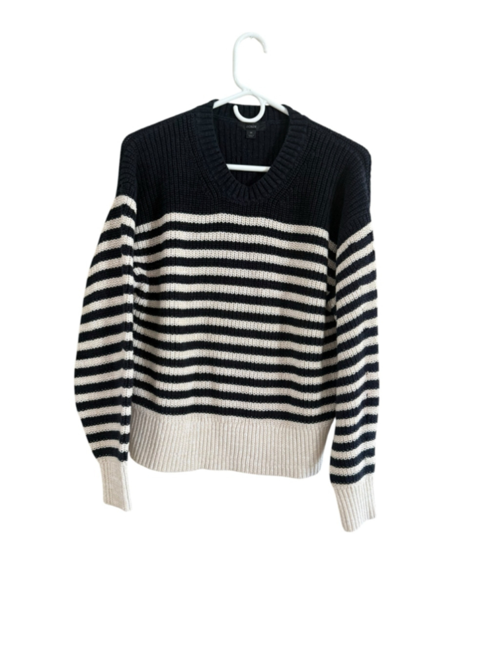 Women's J.Crew Striped V-Neck Sweater, Size M, Black and Beige - Picture 2 of 9